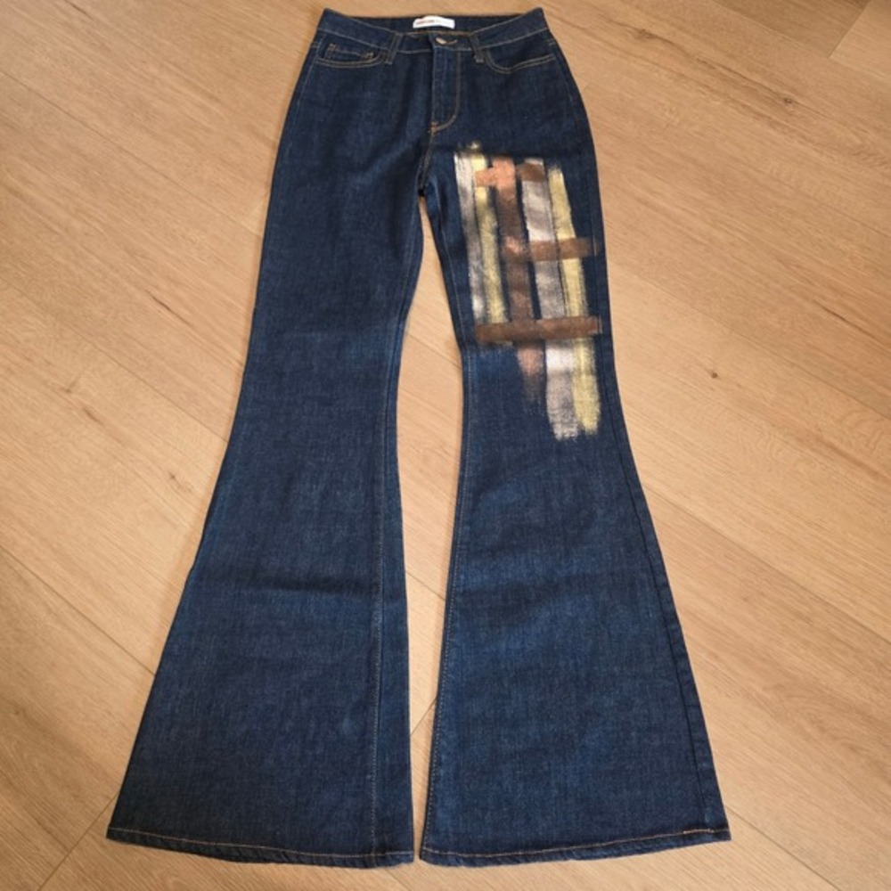 Madison Maison Womens S‎ High Waisted Flare Jeans Hand Painted Metallic Italy